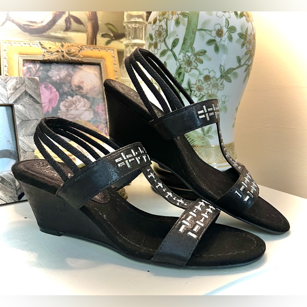New York Transit Black Wedge Sandals with Silver Accents